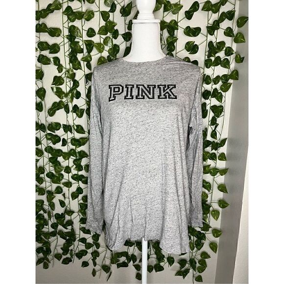 Pink Victorias Secret Heather Gray Cotton Campus Long Sleeve Tee Size SP - Picture 1 of 6